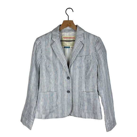 Anthropologie cartonier blue pin striped linen button front blazer 4 - Picture 2 of 12